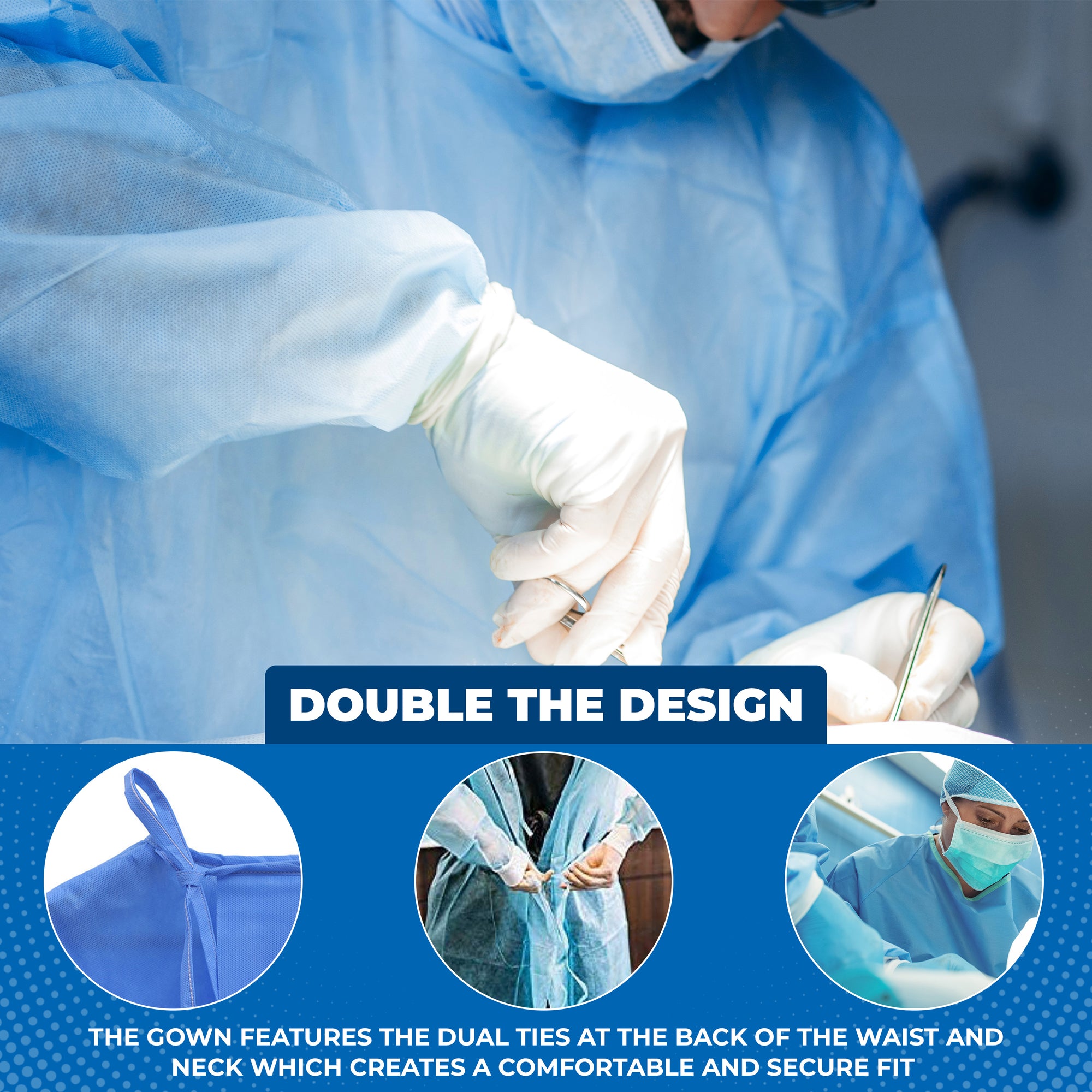 Disposable Isolation Gown with Knitted Cuffs, CE Certified, Level 3 Gowns, PP+PE Film, Enhanced Seam Protection, Fluid Resistant, Unisex, Fully Closed Double Ties