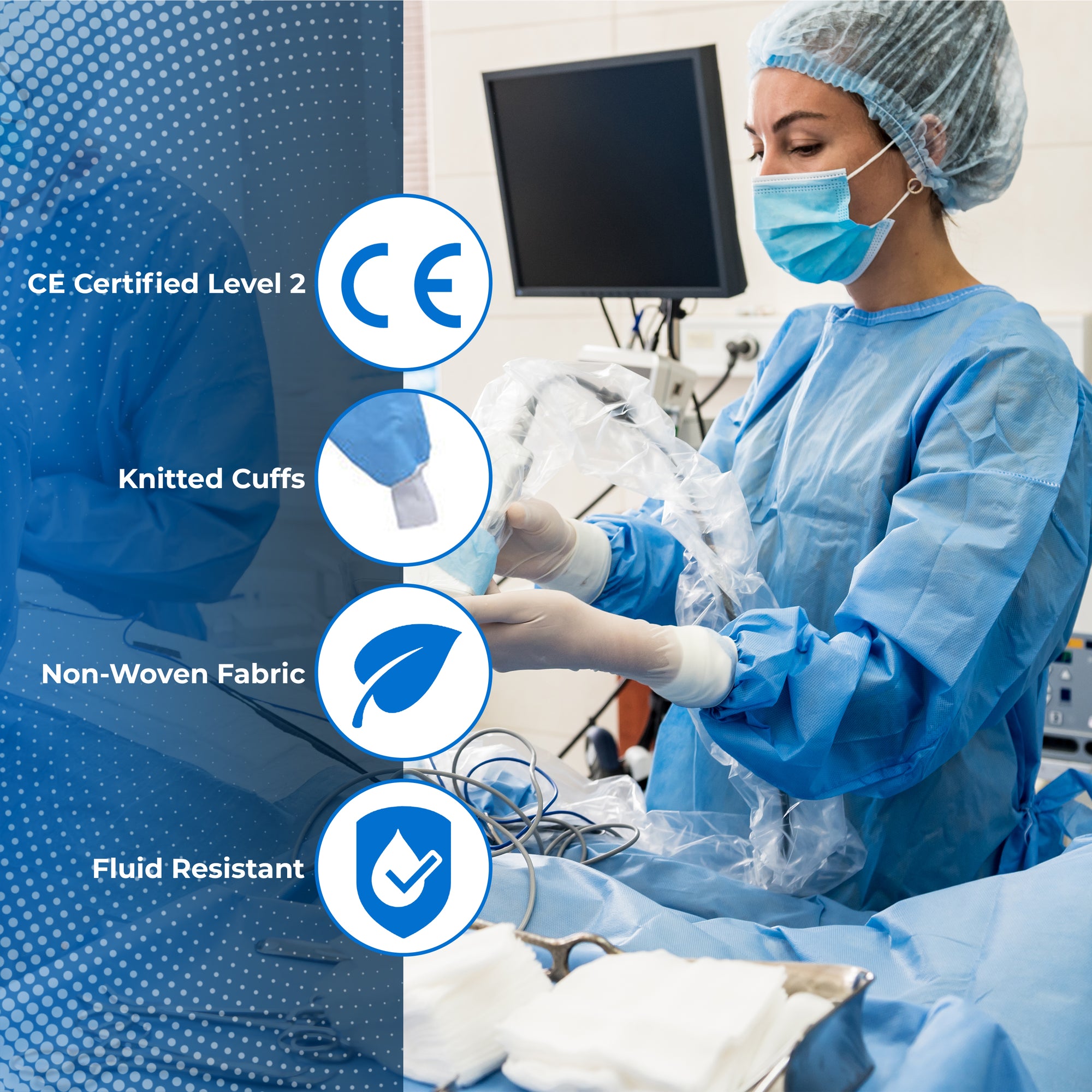 Disposable Isolation Gowns with Thumb Loops and Double Back Ties, Fluid Resistant, Level 2 and Level 3, CPE