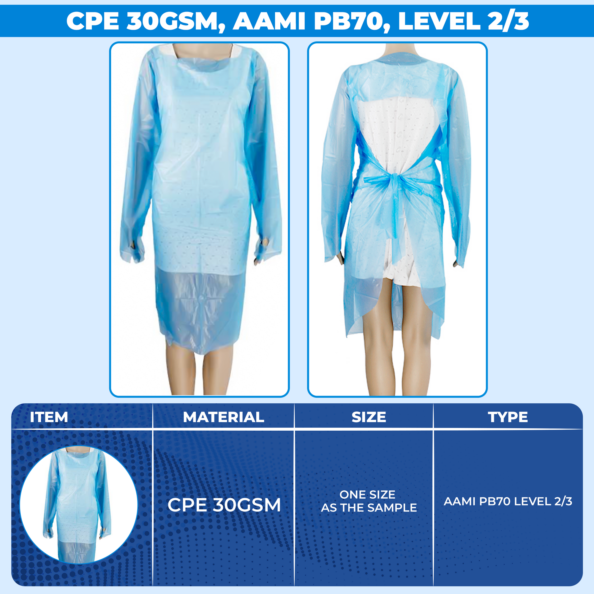 Disposable Isolation Gowns with Thumb Loops and Double Back Ties, Fluid Resistant, Level 2 and Level 3, CPE